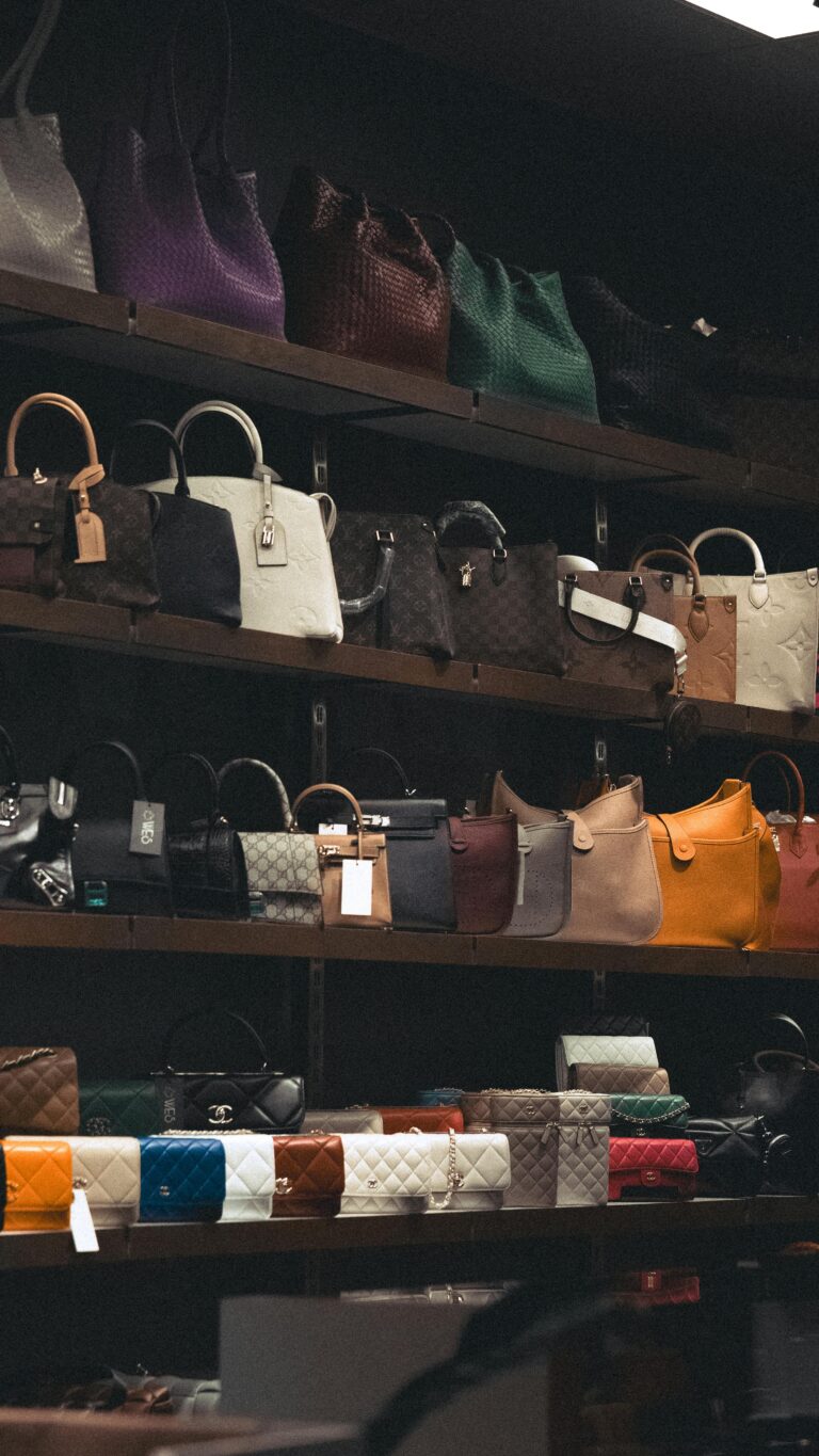 Des sacs à mains de couleurs différentes, de tailles différentes et de textures différentes sont alignés sur plusieurs étagères dans une boutique.